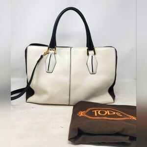Tod's D Styling Bag White Brown Leather Medium Tote Shoulder Hand Bag Authentic